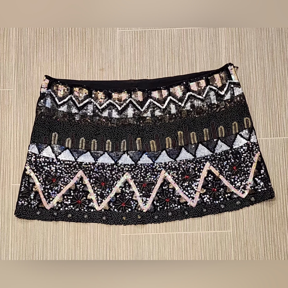 RAGA By Anthropologie Embelished Beaded Sequence Mini Skirt, Size L